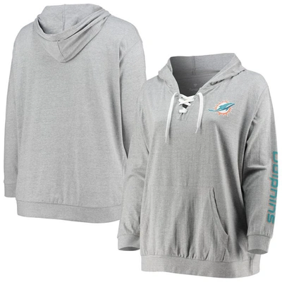 Fanatics Women's Plus Size Heathered Gray Miami Dolphins Lace-up Pullover Hoodie