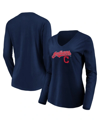 Fanatics Women's Navy Cleveland Indians Core Team Lockup Long Sleeve V-neck T-shirt