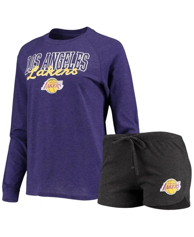 Concepts Sport Women's Heathered Black, Heathered Purple Los Angeles Lakers Raglan Long Sleeve T-shirt And Shorts S In Heathered Black,heathered Purple