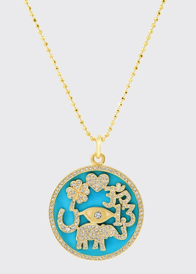 Jennifer Meyer Turquoise Inlay And Diamond Pave Good Luck Necklace In Yellow Gold
