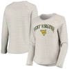 CAMP DAVID HEATHERED GRAY WEST VIRGINIA MOUNTAINEERS SEASIDE STRIPED FRENCH TERRY RAGLAN PULLOVER SWEATSHIRT