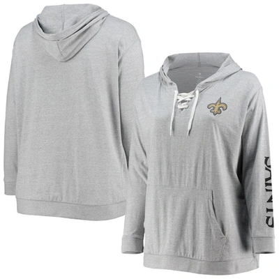 Fanatics Women's Plus Size Heathered Gray New Orleans Saints Lace-up Pullover Hoodie