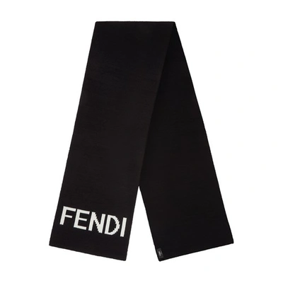 Fendi Mens Nero Bianco Brand-pattern Purl-knit Wool Scarf In Noir