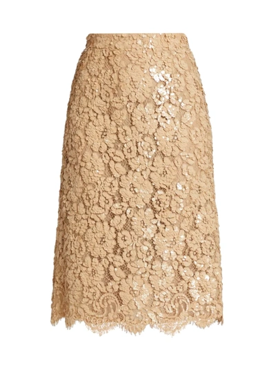 Michael Kors Sequin Embroidered Floral Lace Midi Skirt In Beige