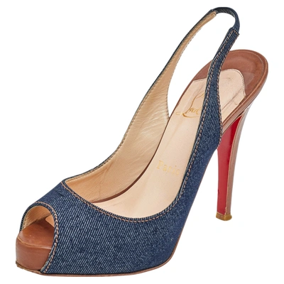 Pre-owned Christian Louboutin Blue Denim Fabric Lady Peep Toe Slingback Platform Sandals Size 36