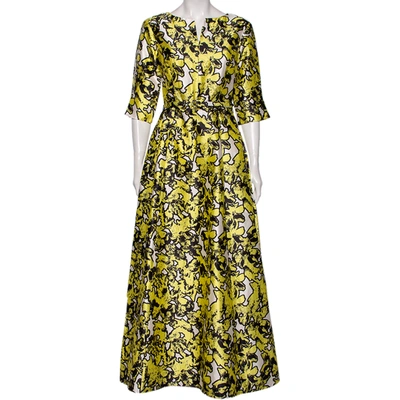 Pre-owned Oscar De La Renta Yellow Printed Silk Belted Maxi Dress M