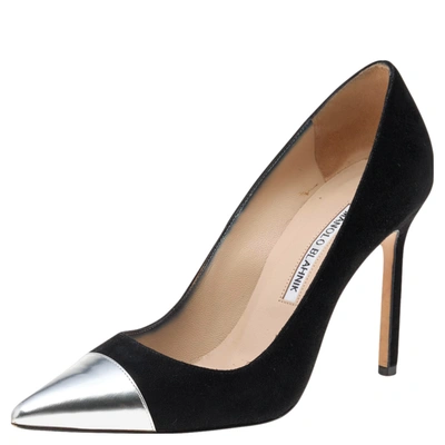 Pre-owned Manolo Blahnik Black/silver Suede And Leather Bipunta Cap-toe Pumps Size 37