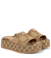 Gucci Angelina Logo-jacquard Coated-canvas Platform Slides In Camel Ebony