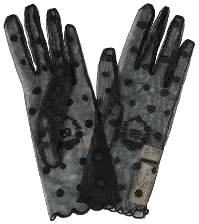 Gucci Embroidered Polka-dot Tulle Gloves In Black/black