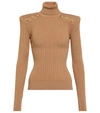 Balmain Button-embellished Ribbed-knit Turtleneck Sweater In Sable