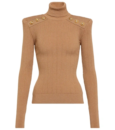 Balmain Button-embellished Ribbed-knit Turtleneck Sweater In Sable