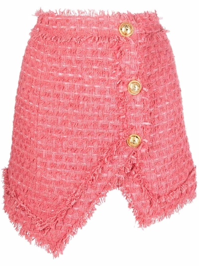 Balmain Cotton Blend Tweed Asymmetric Miniskirt In Pink