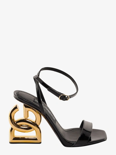 Dolce & Gabbana Patent Leather Sandals With Metal Monogram Heel - Atterley In Black