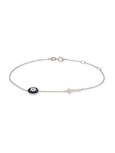 Effy Women's 14k White Gold, Diamond & Sapphire Evil Eye & Cross Bracelet