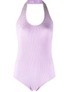 Liberal Youth Ministry Crystal-embellished Halterneck Bodysuit In Purple