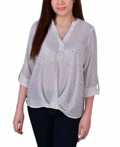Ny Collection Women's 3/4 Sleeve Metallic Dot Blouse Top In Ivory Cabaret