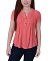 NY COLLECTION WOMEN'S SHORT SLEEVE Y-NECK JACQUARD KNIT TOP