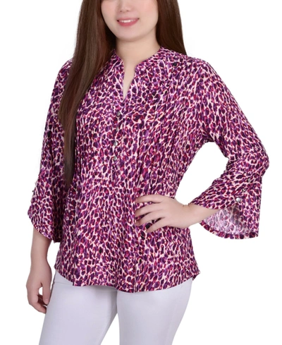 Ny Collection Plus Size 3/4 Sleeve Overlapped Bell Sleeve Y-neck Top In Plum Leopard
