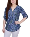 Ny Collection Plus Size 3/4 Roll Tab Zip Front Jacquard Knit Top In Royal Leopard