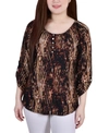 Ny Collection Plus Size 3/4 Push Tab Round Neck Henley Top In Brown Swirl Breeze