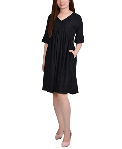 Ny Collection Petite Elbow Sleeve Swiss Dot Empire Dress In Black