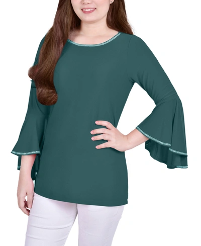 Ny Collection Women's Long Bell Sleeve Tunic With Stone Details Top In Green