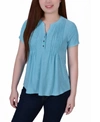 Ny Collection Plus Size Short Sleeve Y-neck Jacquard Knit Top In Blue Curacao