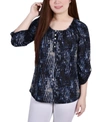 Ny Collection Plus Size 3/4 Push Tab Round Neck Henley Top In Denim Swirl Breeze