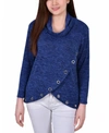 Ny Collection Women's Long Sleeve Cowl Neck Pullover With Buttons Top In Royal