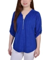 Ny Collection Plus Size 3/4 Roll Tab Zip Front Jacquard Knit Top In Royal Sakadotduo