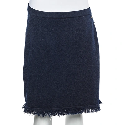 Pre-owned Chanel Navy Blue Cashmere Fringed Faux Wrap Mini Skirt M
