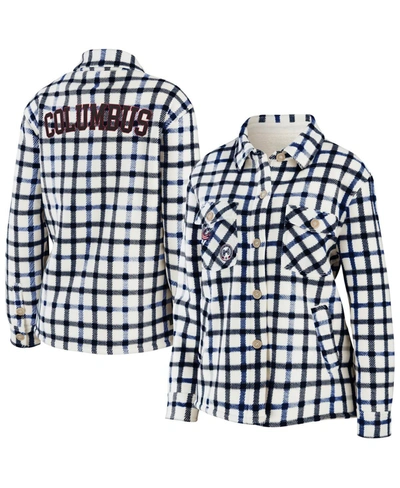Wear By Erin Andrews Women's  Oatmeal Columbus Blue Jackets Plaid Button-up Shirt Jacket