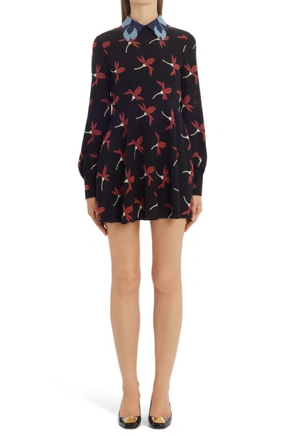 Valentino Appliquéd Floral-print Silk Crepe De Chine Mini Dress In Black