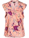 Isabel Marant Rishane Floral Print Ruffle Stretch Silk Blouse In Orange