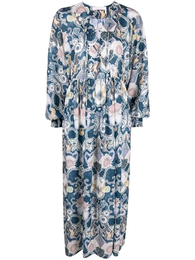 See By Chloé The Lovers Lace-up Printed Crepe Maxi Dress In Multi Color Blue