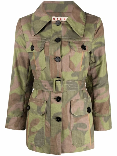 Marni Canvas Camouflaged Belted Jacket In Khaki,green,brown