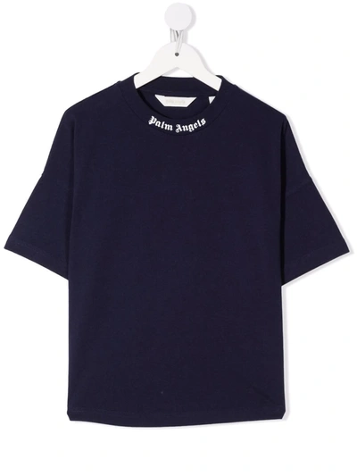 Palm Angels Kids' Blue T-shirt For Boy With White Logo