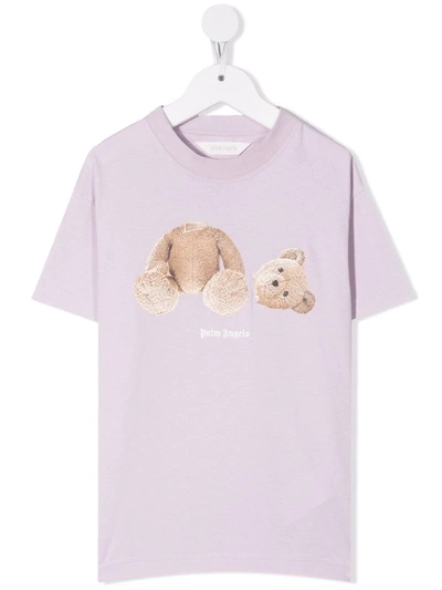 Palm Angels Kids' Teddy Bear-print Cotton T-shirt In Purple