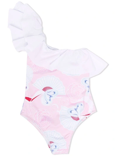 Simonetta Kids' Ruffle-trim One-shoulder Swimsuit In Pink