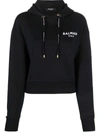 Balmain Black Flocked Logo Crop Hoodie In Schwarz