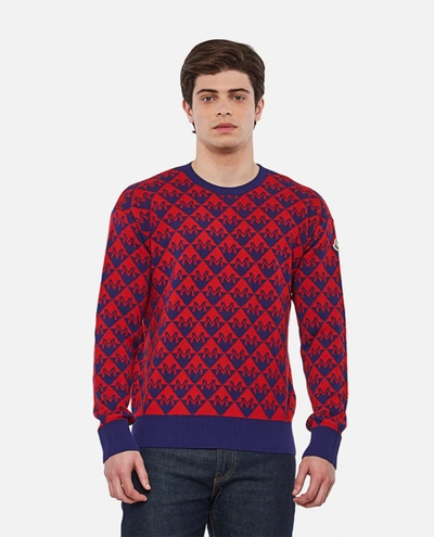 Moncler Wool-blend Monogram Jacquard Sweater In Blue