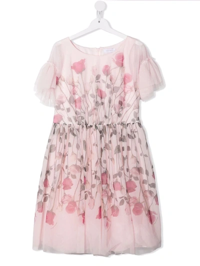 Monnalisa Kids' Pink Dress With Tulle Insert And Floreal Print In Dusty Pink Rose