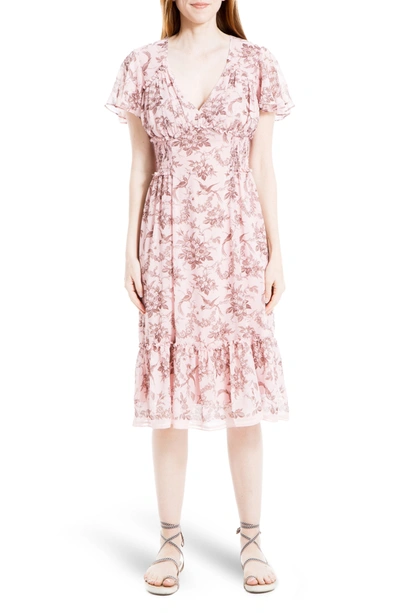 Max Studio Printed Ruffle Short Sleeve Dress In Blush/ Brown Floral Toile