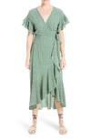 Max Studio Ruffle Crepe High/low Wrap Midi Dress In Green/ Blue Jack Stamp