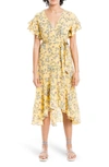 Max Studio Ruffle Crepe High/low Wrap Midi Dress In Yellow Medium Climbing Jasmine