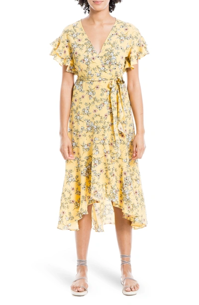 Max Studio Ruffle Crepe High/low Wrap Midi Dress In Yellow Medium Climbing Jasmine