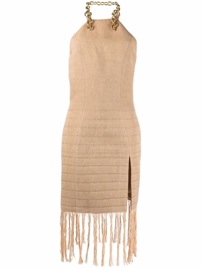 Giuseppe Di Morabito Short Dress In Camel Linen Blend With Fringes And Chain In Brown