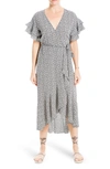 Max Studio Ruffle Crepe High/low Wrap Midi Dress In Black/ Ivory Shadow Pansy