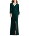 Dessy Collection Long Puff Sleeve V-neck Trumpet Gown In Evergreen