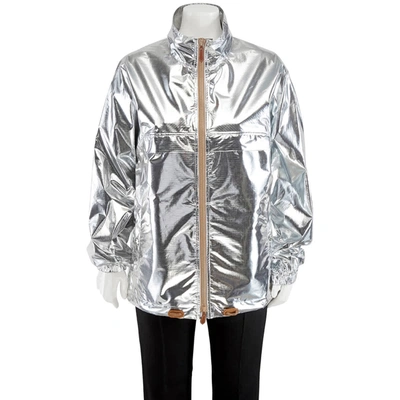 Burberry Silver Metallic Sheen Nylon Jacket, Brand Size 48 (us Size 38) In Silver Tone